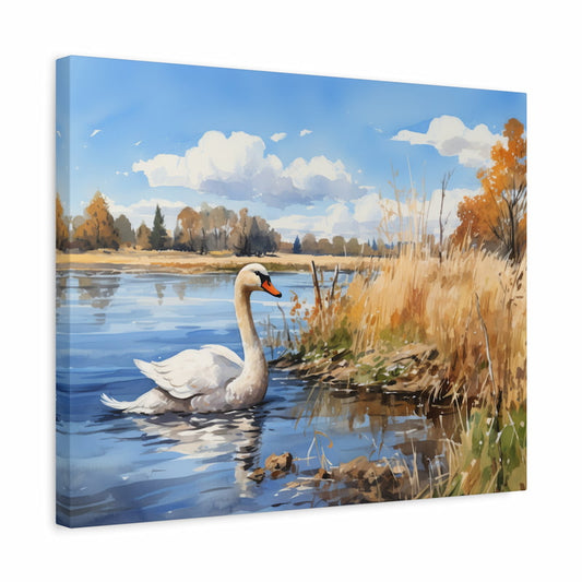 Paint by numbers artwork of a graceful white swan gliding across a calm lake surrounded by autumn trees, golden reeds, and a blue sky with soft clouds shown in a frame