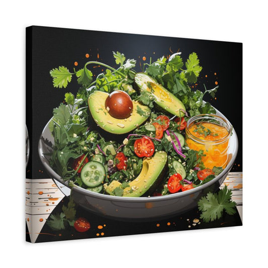 Vibrant avocado salad paint by numbers kit with fresh greens, sliced cucumbers, cherry tomatoes, red onion, and a bright orange dressing in a bowl shown in a frame.