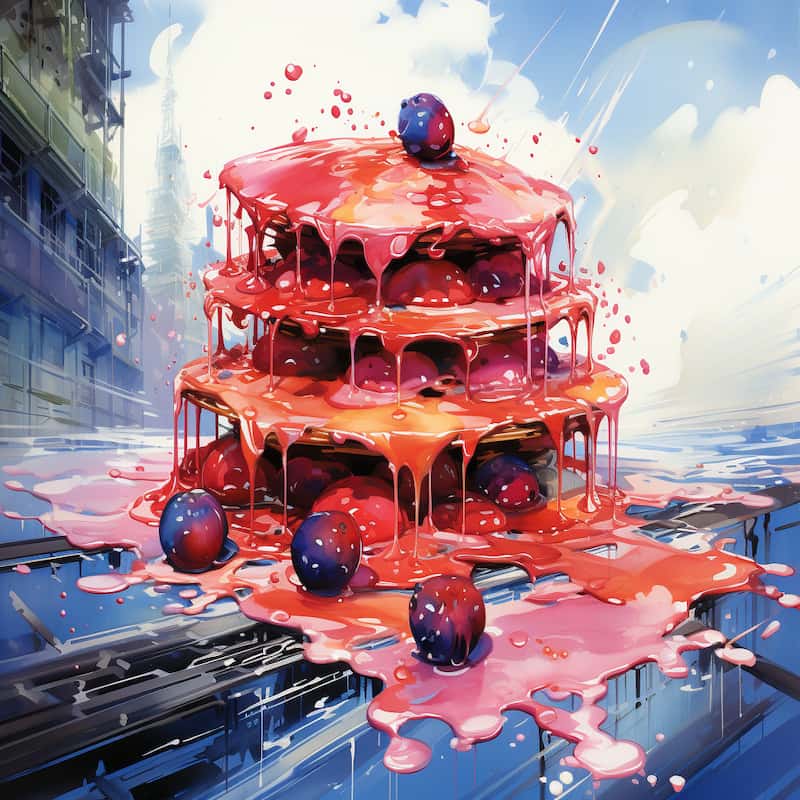 A surreal dripping berry cake with glossy icing set against a cityscape background.