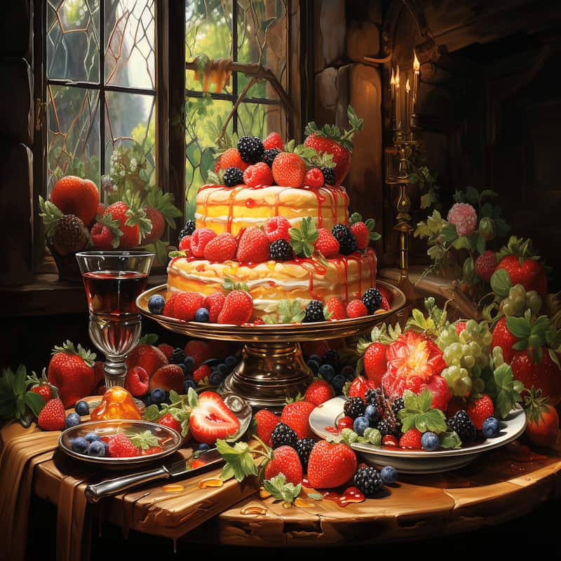 A layered cake topped with berries surrounded by fruit, wine, and candlelight in a rustic setting.
