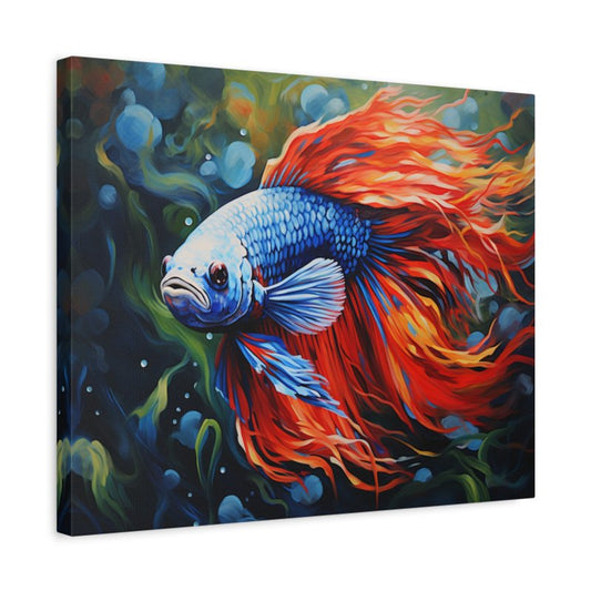 Paint by numbers kit of a vibrant betta fish with blue scales and long red flowing fins swimming underwater with bubbles and plants shown in a frame.