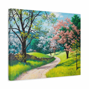 Canvas print of a scenic landscape with trees, a path, and greenery.