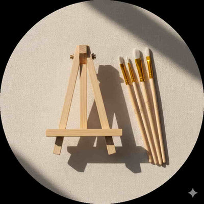 Small wooden easel with paintbrushes on a textured beige surface