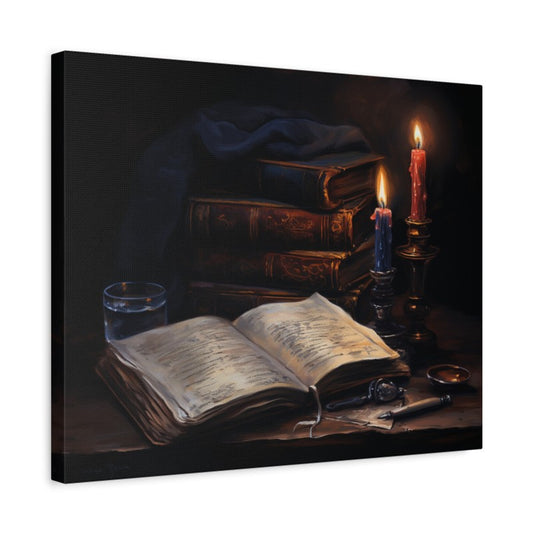Paint by numbers of antique books, an open manuscript, and glowing candles in a dark vintage still life scene.