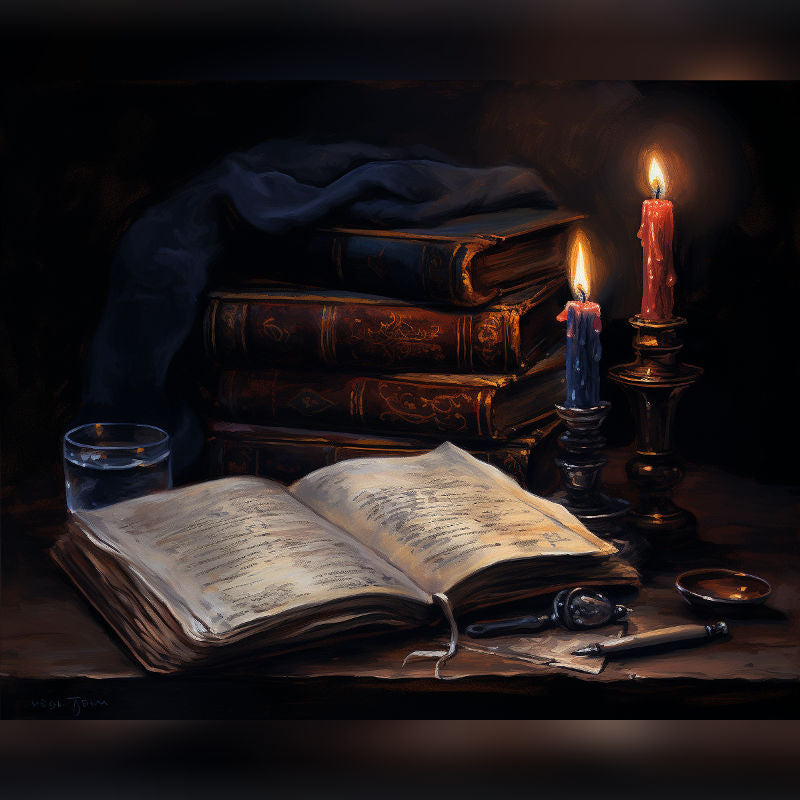 Paint by numbers of antique books, an open manuscript, and glowing candles in a dark vintage still life scene shown in a frame.