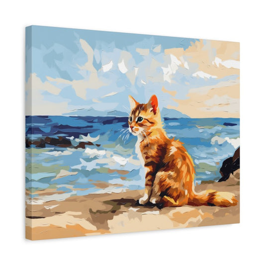 Paint by numbers kit of an orange tabby cat sitting on a sandy beach with the ocean waves and blue sky in the background shown in a frame.