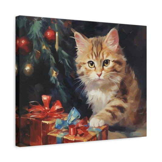Paint by numbers artwork of a cute Christmas kitten with gifts and a decorated tree, festive holiday painting for cat lovers shown in a frame