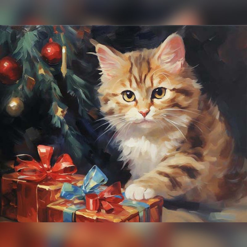 Paint by numbers artwork of a cute Christmas kitten with gifts and a decorated tree, festive holiday painting for cat lovers