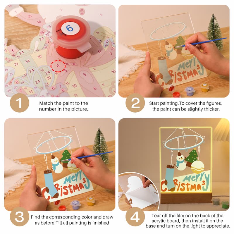 A four-step instructional collage showing how to use a Christmas acrylic painting kit. The steps include matching paint colors to numbers, starting the painting process with a thicker paint can, finding the correct color and drawing the figures, and finally tearing off the film and turning on the light to display the finished 'Merry Christmas' painting.