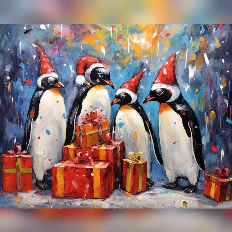 Paint by numbers artwork of four penguins in Santa hats gathered around Christmas presents with festive colors and a joyful holiday background