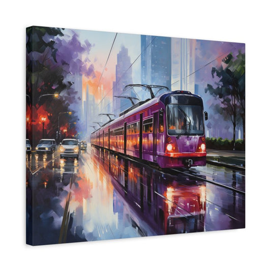 Paint by numbers artwork of a glowing purple tram on a rainy city street with neon reflections, cars, and misty skyscrapers at sunset shown in a frame