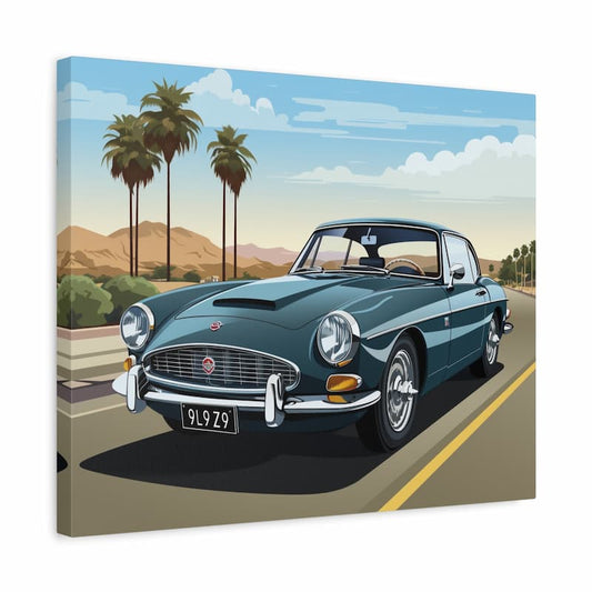 A Paint by Numbers artwork of a teal-blue vintage car driving on a desert highway lined with palm trees and mountains in the background shown in a frame