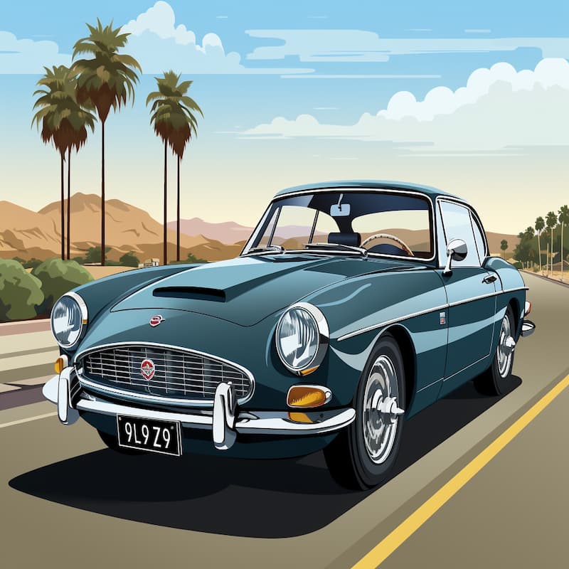 A Paint by Numbers artwork of a teal-blue vintage car driving on a desert highway lined with palm trees and mountains in the background.
