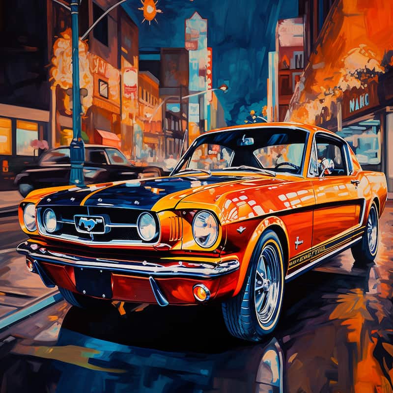Paint by numbers kit of a classic Ford Mustang in bold colors against a glowing city night backdrop.