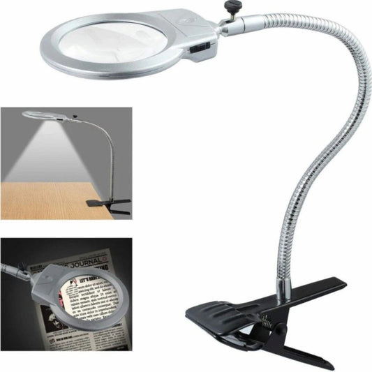 Hands-free LED magnifying glass with clamp and flexible gooseneck, shown clipped to a table for reading and crafting.
