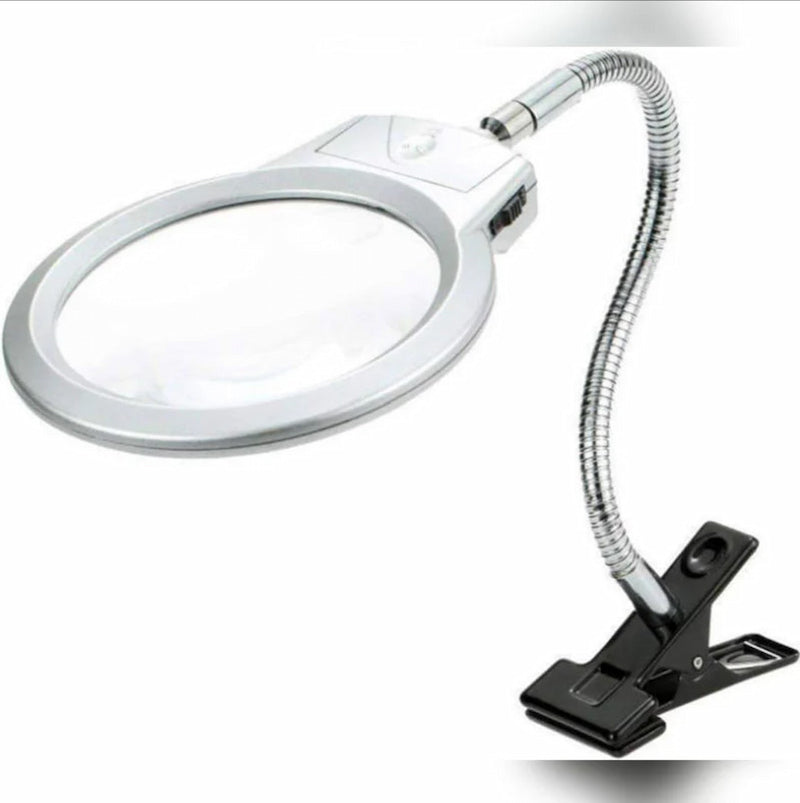Magnifying glass with a flexible arm and clip on a white background