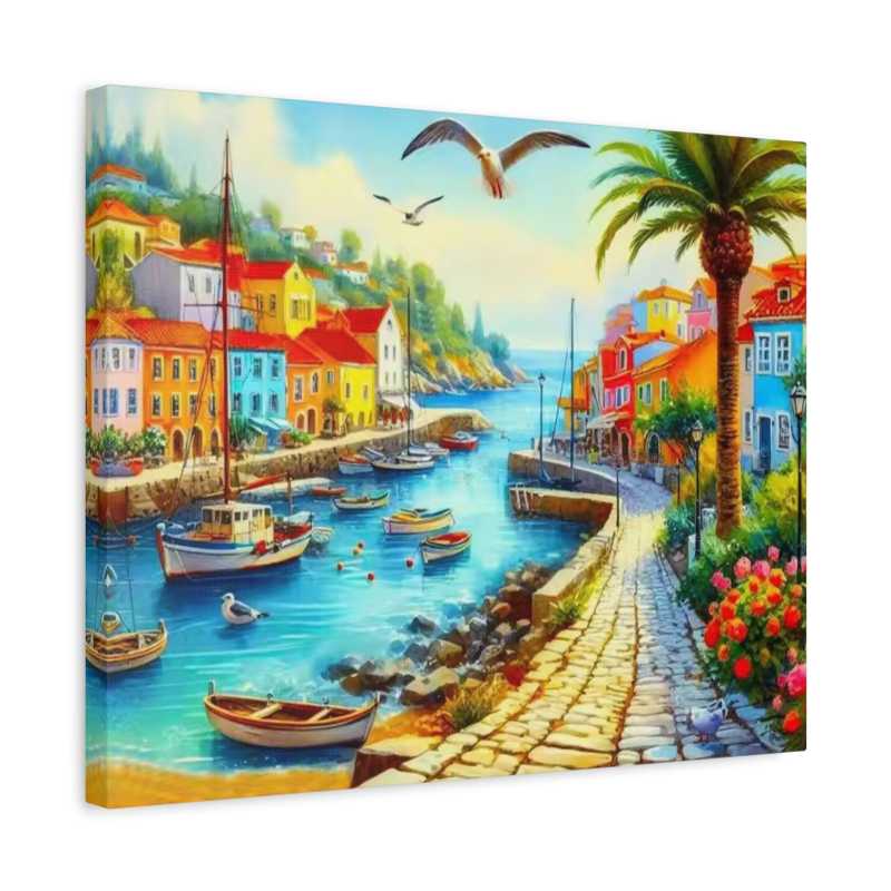 Colorful coastal scene with boats, houses, and palm trees on a canvas.