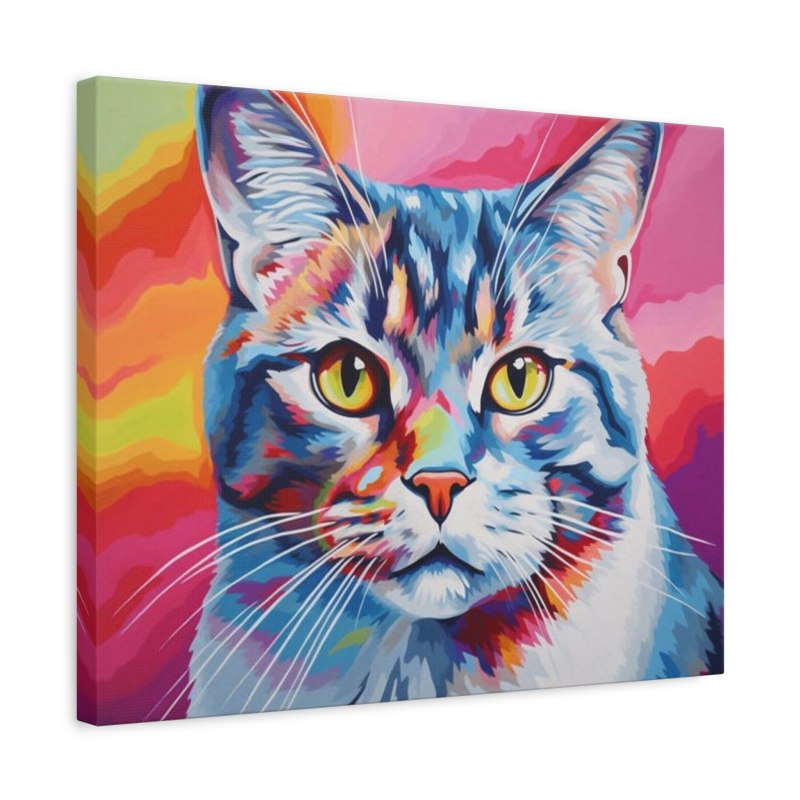 Vibrant pop-art style cat portrait in bold colors – paint by numbers artwork shown in a frame