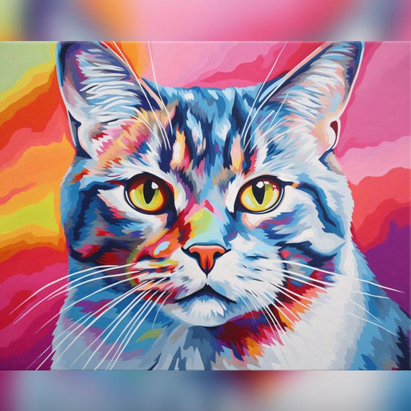 Vibrant pop-art style cat portrait in bold colors – paint by numbers artwork.