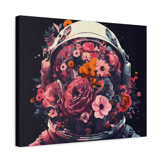 Canvas print with an astronaut helmet filled with flowers on a black background
