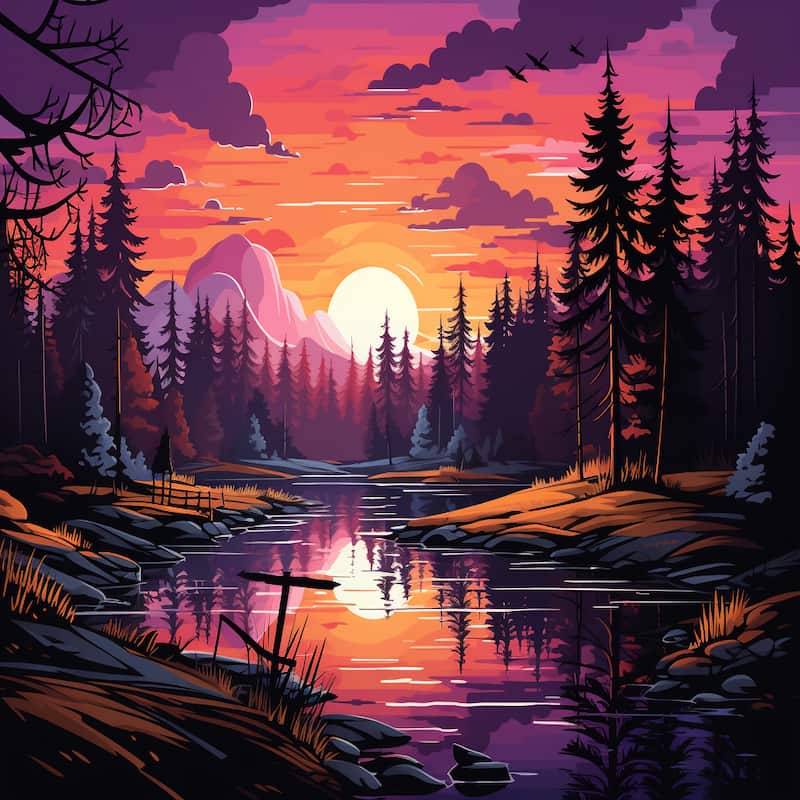 A vibrant forest sunset with a glowing orange and purple sky reflected in a calm lake surrounded by pine trees.