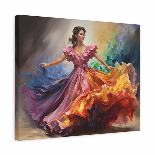 Paint by numbers artwork of a graceful woman in a flowing multicolored dress, dancing with swirling vibrant colors in a dramatic artistic style shown in a frame