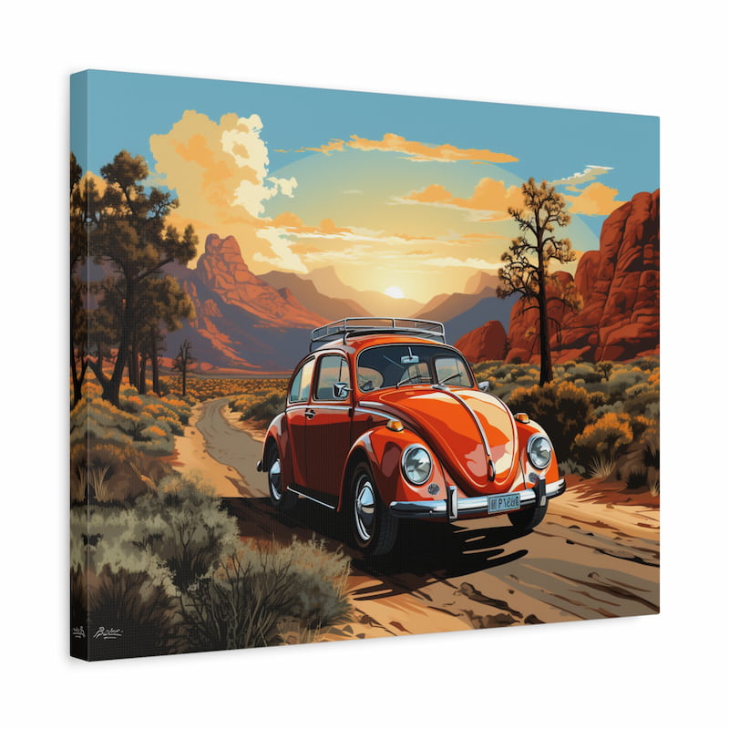 Paint by numbers artwork of a vintage red car on a desert road with rocky mountains, sunset sky, and wild landscape in a retro travel style shown in a frame