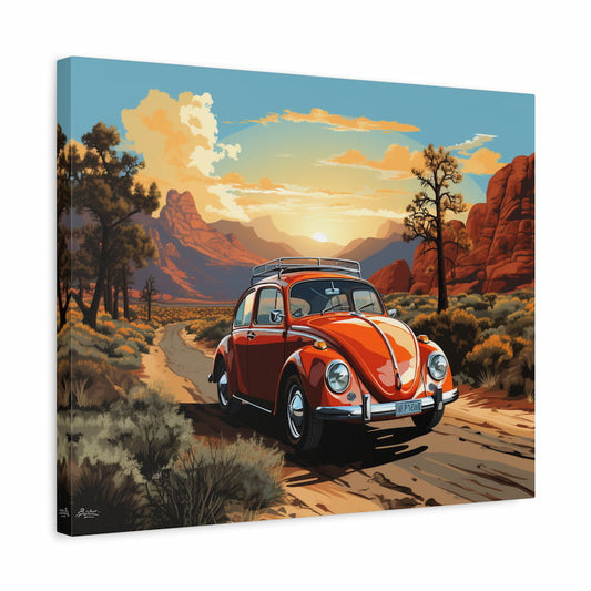 Paint by numbers artwork of a vintage red car on a desert road with rocky mountains, sunset sky, and wild landscape in a retro travel style shown in a frame