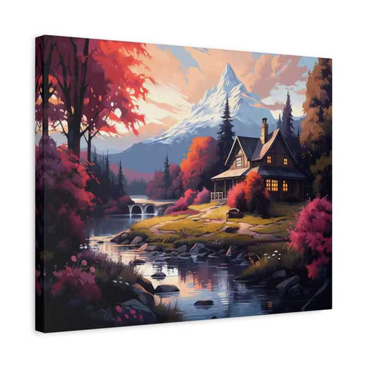 Canvas print of a mountainous landscape with a house and lake.