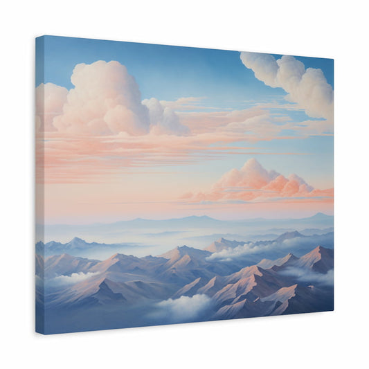 Misty mountain peaks under a pastel pink and blue sky with soft glowing clouds shown in a frame