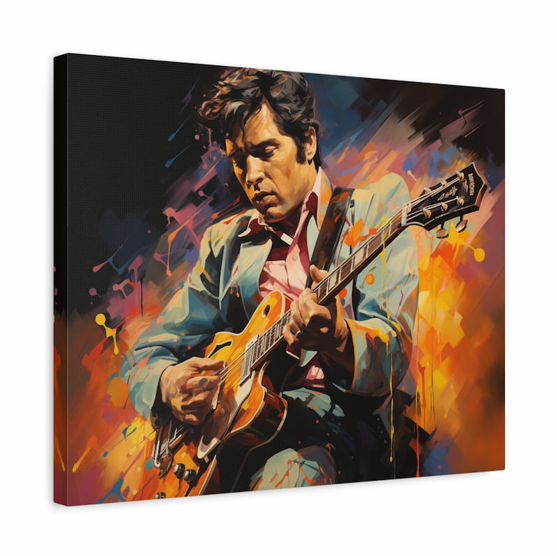 Paint by numbers artwork of a guitarist in a teal jacket playing passionately, surrounded by abstract splashes of fiery orange, yellow, and pink colors shown in a frame