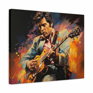 Paint by numbers artwork of a guitarist in a teal jacket playing passionately, surrounded by abstract splashes of fiery orange, yellow, and pink colors shown in a frame
