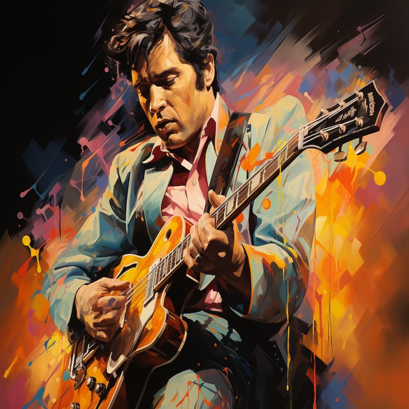 Paint by numbers artwork of a guitarist in a teal jacket playing passionately, surrounded by abstract splashes of fiery orange, yellow, and pink colors