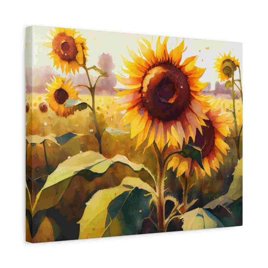 Hand-painted style illustration of sunflowers glowing in warm golden light, set in a summer field at sunset – paint by numbers kit image shown in a frame.