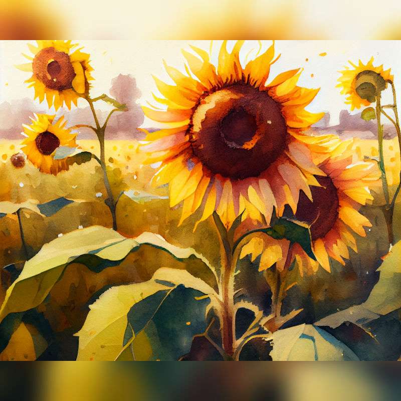 Hand-painted style illustration of sunflowers glowing in warm golden light, set in a summer field at sunset – paint by numbers kit image.