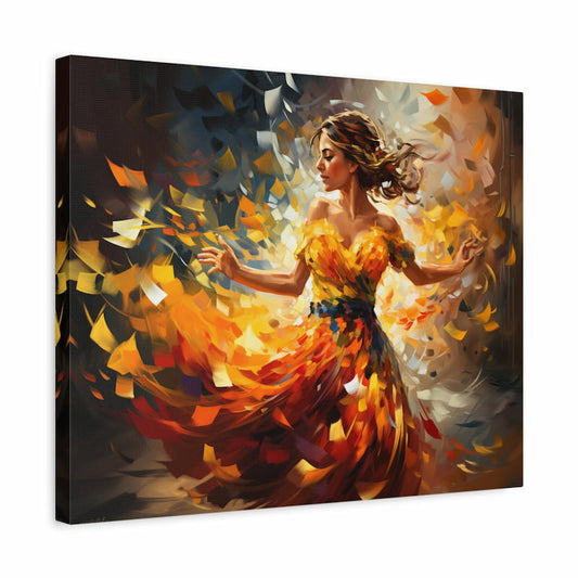 Paint by numbers artwork of a woman dancing in a fiery flowing dress with vibrant yellow, orange, and red brushstrokes swirling around her in an expressive abstract style shown in a frame