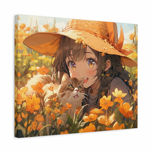 Paint by numbers kit of a girl in a straw hat with her cat, surrounded by golden flowers in a sunny meadow shown in a frame