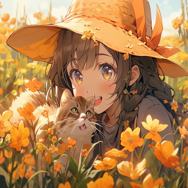 Paint by numbers kit of a girl in a straw hat with her cat, surrounded by golden flowers in a sunny meadow.