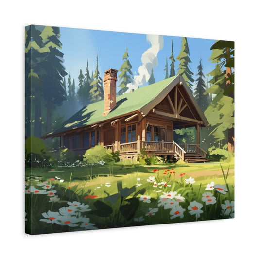 Paint by numbers of a cozy wooden cabin with a green roof, surrounded by pine trees and a meadow full of white daisies and wildflowers shown in a frame