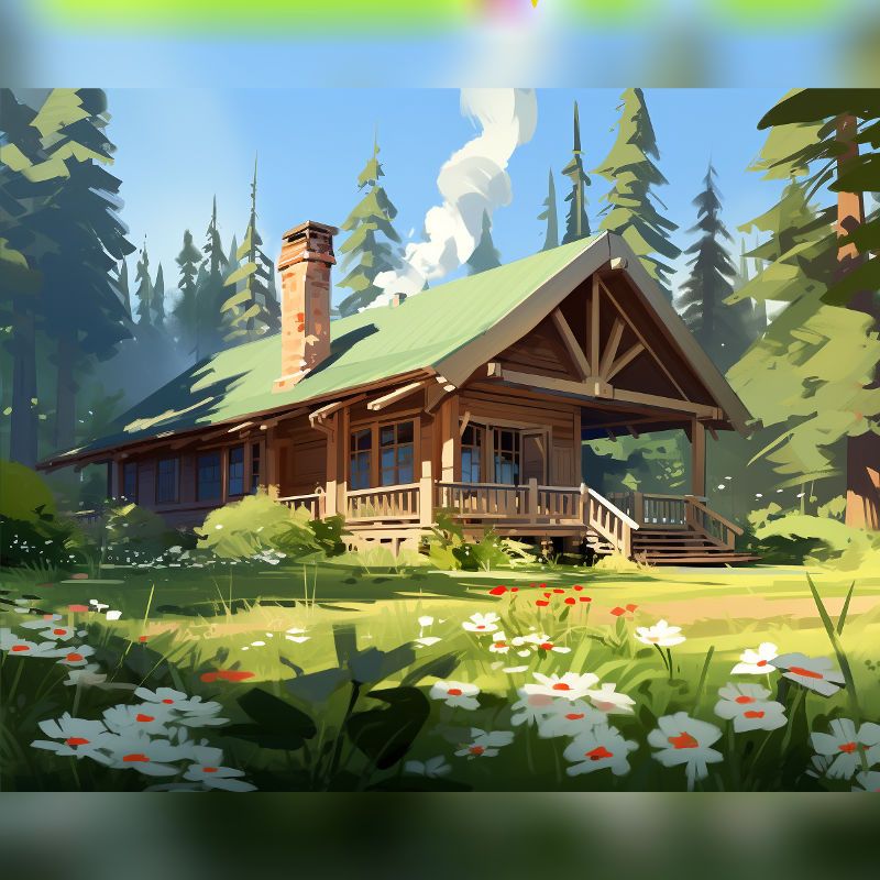 Paint by numbers of a cozy wooden cabin with a green roof, surrounded by pine trees and a meadow full of white daisies and wildflowers.