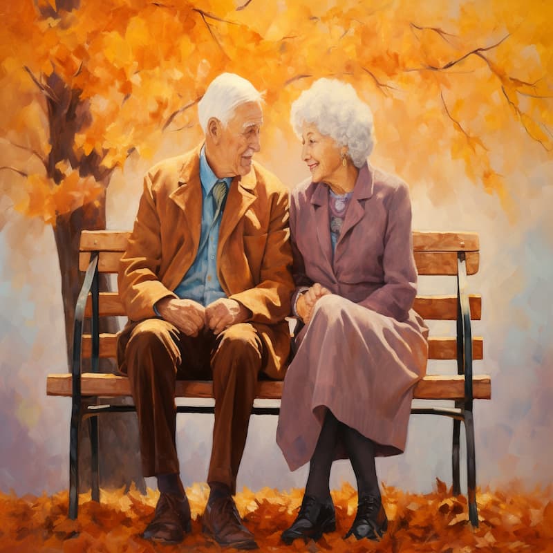 Paint by numbers of an elderly couple holding hands on a bench surrounded by autumn leaves, symbolizing lifelong love.