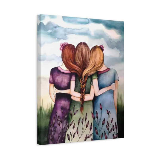Canvas print of three women with braided hair against a sky background