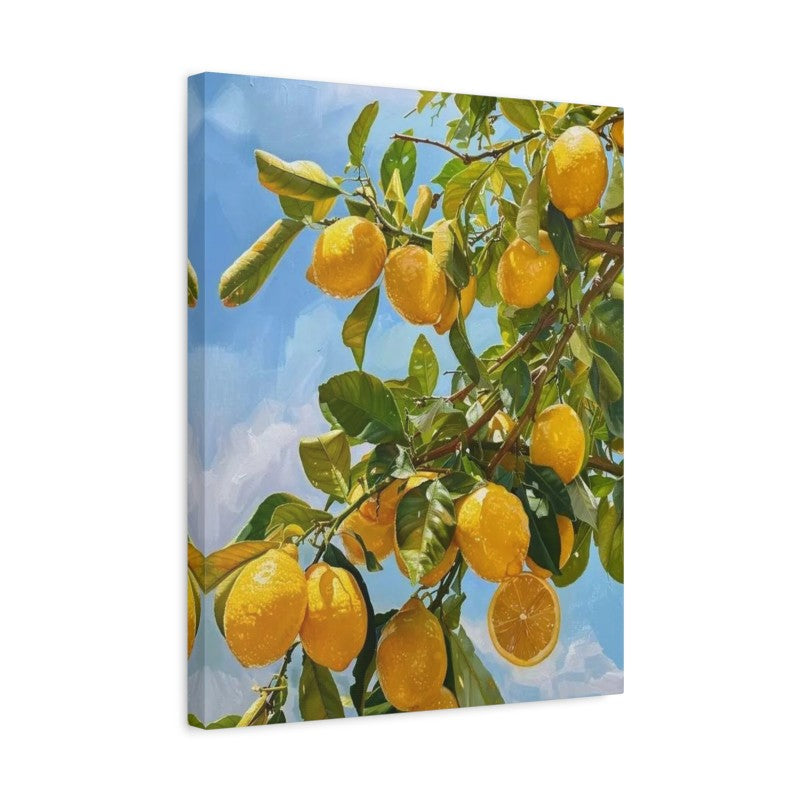 Paint-by-numbers artwork of ripe yellow lemons hanging on a leafy branch against a bright blue sky shown in a frame