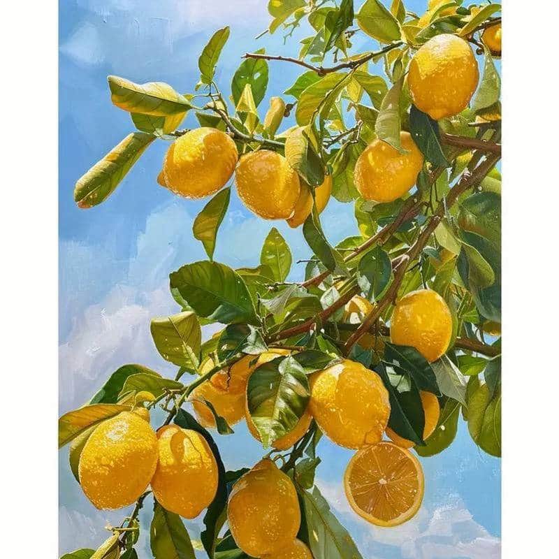 Paint-by-numbers artwork of ripe yellow lemons hanging on a leafy branch against a bright blue sky
