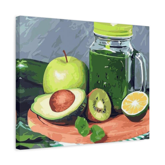 Still-life painting of fresh fruits and vegetables including a green apple, avocado, kiwi, and lemon arranged beside a mason jar filled with green smoothie, on a wooden board with a gray-blue background shown in a frame