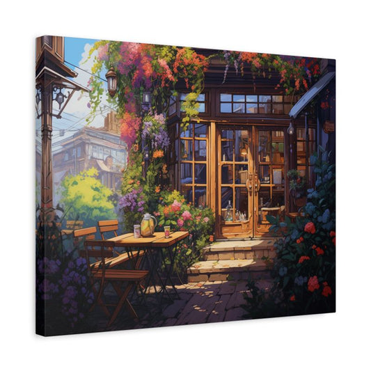 Paint by numbers of a cozy garden café entrance with wooden tables, colorful flowers, and warm sunlight on glass doors shown in a frame.