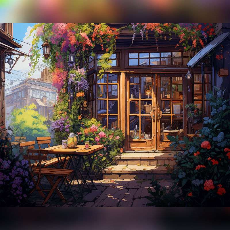 Paint by numbers of a cozy garden café entrance with wooden tables, colorful flowers, and warm sunlight on glass doors.