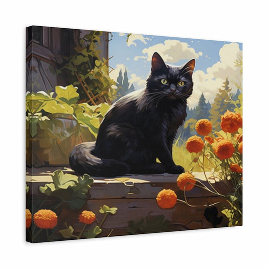 Paint by numbers artwork of a black cat sitting in a sunlit garden with bright orange marigold flowers and green foliage in the background shown in a frame
