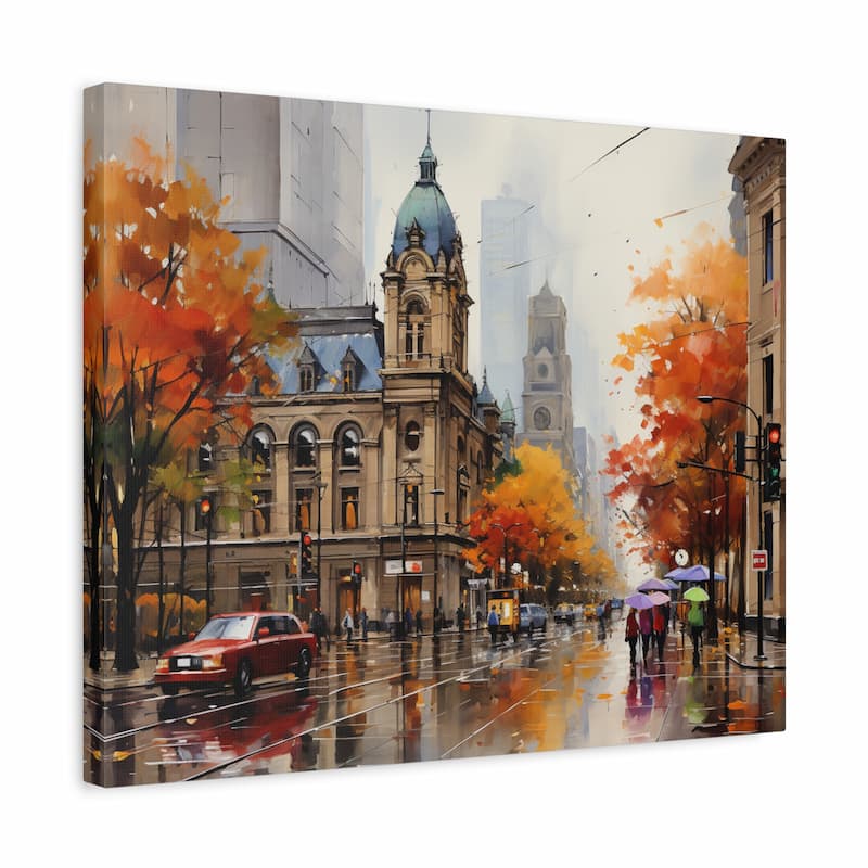 A rainy autumn city street with historic architecture, golden trees, colorful umbrellas, and reflections on wet pavement shown in a frame