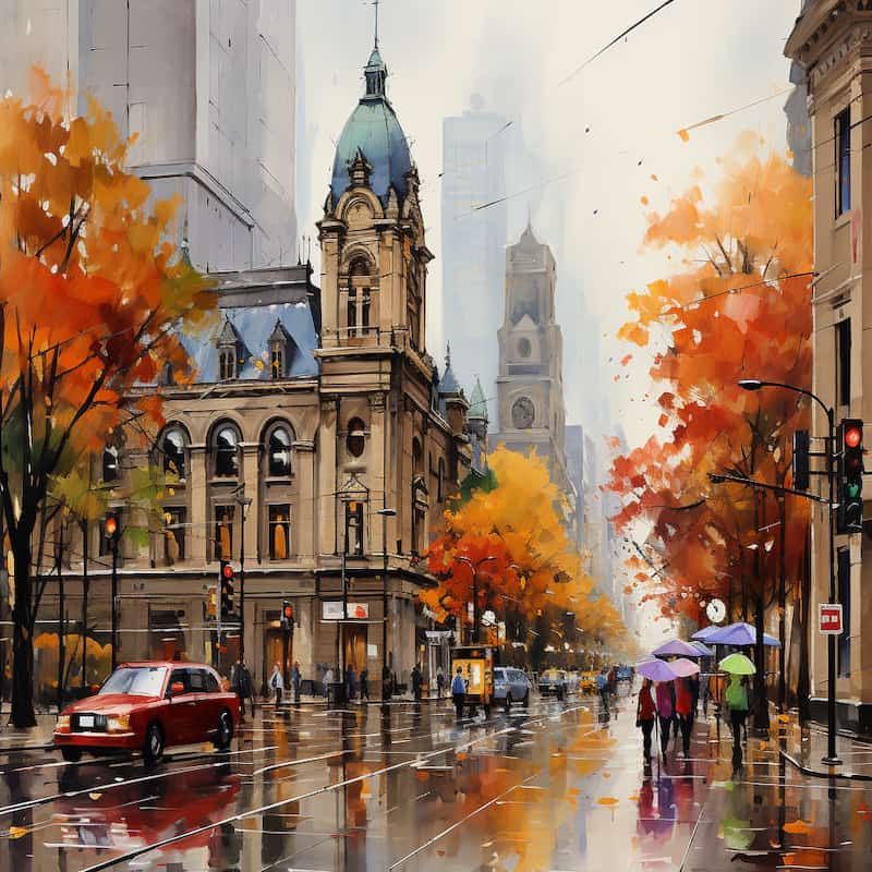 A rainy autumn city street with historic architecture, golden trees, colorful umbrellas, and reflections on wet pavement.